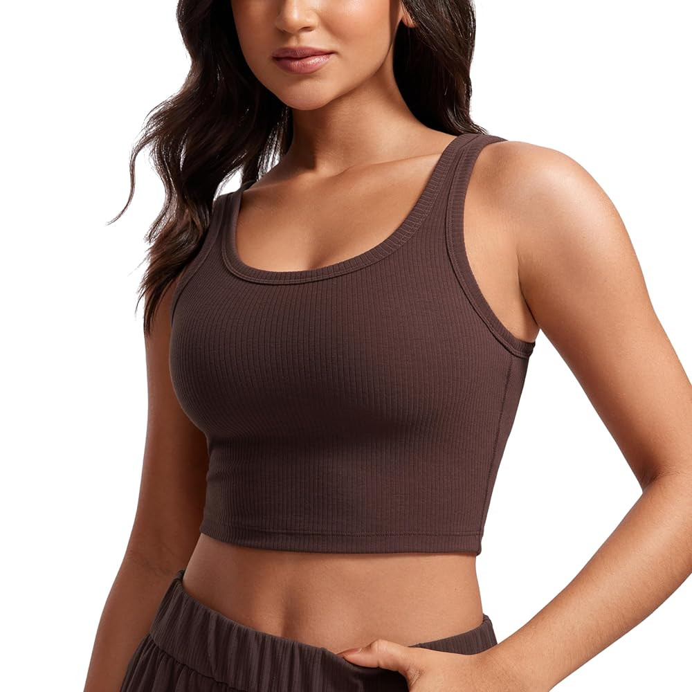 CRZ YOGA Womens Ribbed Longline Sports Bra - U Neck Padded Yoga Cami Workout Crop Tank Top Built ... | Amazon (US)