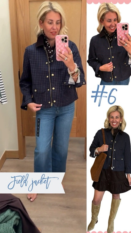 The Field Jacket for the win!! I’m in xs. 
Sizing:
Sweaters - 4 
Collared Dress - 2 
Midi Dress - 0
Pants & Jeans - 26P
Blazer - 2 
Green Jacket - small
Plaid Jacket - xs

#LTKdayinmylife #LTKmomlife #LTKOver40