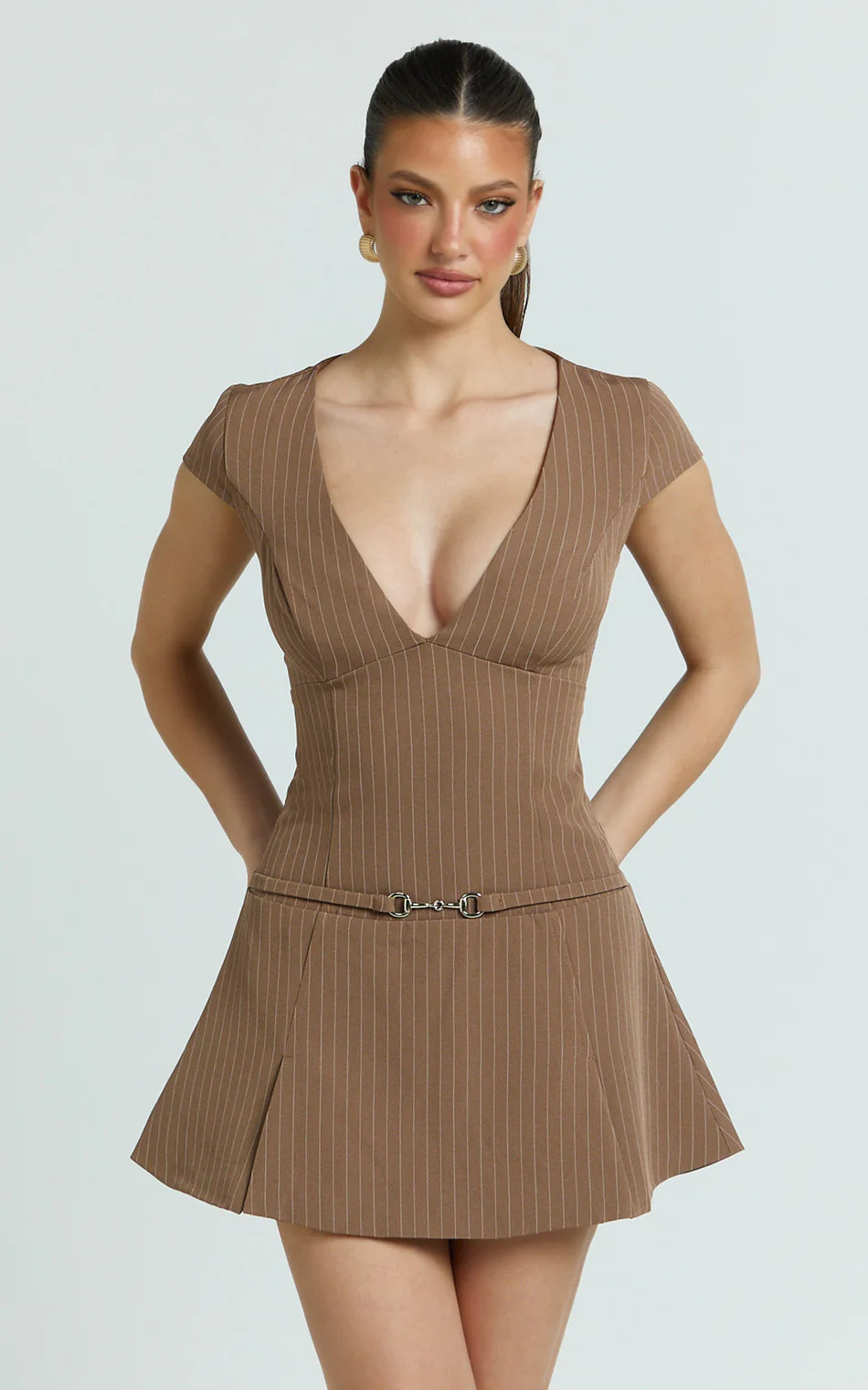 Steph Mini Dress - V Neck Cap Sleeve Pleat Skirt Dress in Chocolate | Showpo (ANZ)