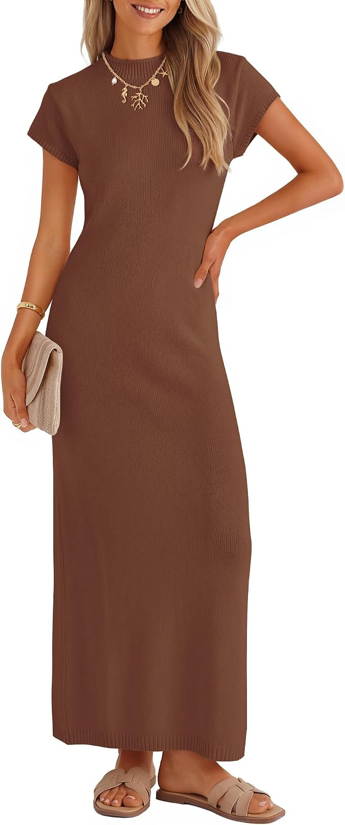 ZESICA Womens Bodycon Knit Short Sleeve Sweater Maxi Dress | Crew Neck, Ribbed Knit, Business Cas... | Amazon (US)