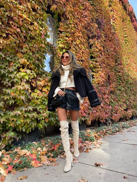 #ltkfall, fall outfit, cream sweater, black shearling coat, faux leather shorts, knee high cream boots, neutral outfit, 

#LTKstyletip #LTKSeasonal