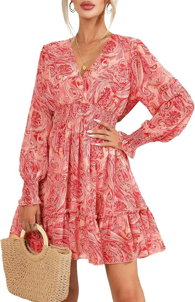 Women's Floral Boho V Neck Long Sleeve Mini A-Line Dresses 2024 Spring Summer Casual Flowy Ruffle... | Amazon (US)