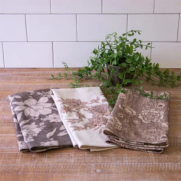 Rustic Bloom 3 Piece Cotton Tea Towel Set | Antique Farm House