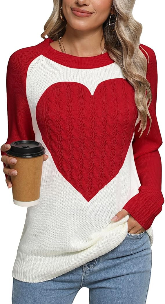 shermie Women's Pullover Sweaters Long Sleeve Crew Neck Casual Front Big Cute Heart Sweater | Amazon (US)