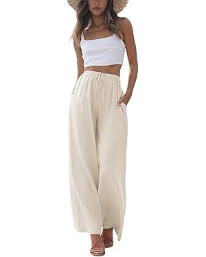 Faleave Women's Cotton Linen Summer Palazzo Pants Flowy Wide Leg Beach Trousers with Pockets | Amazon (US)