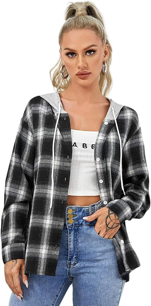 Verdusa Women's Plaid Button Front Long Sleeve Drawstring Hoodie Overshirt Jacket | Amazon (US)