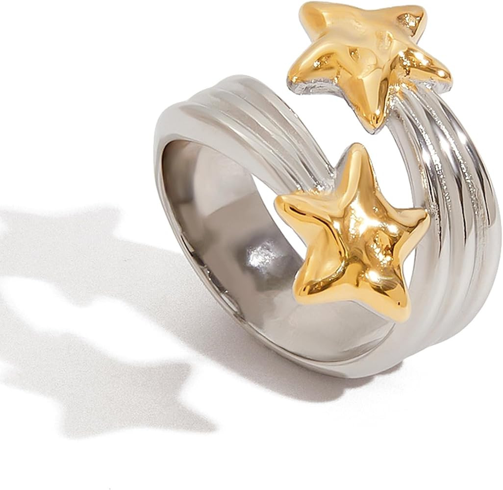 Two Tone Chunky Statement Ring for Women Unique Stars Mixed Metal Rings Vacation Jewelry | Amazon (US)
