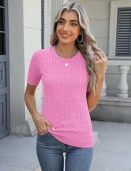 Micoson Womens Short Sleeve Cable Knit Sweater Tops Crewneck Lightweight Spring Summer Shirts Bus... | Amazon (US)