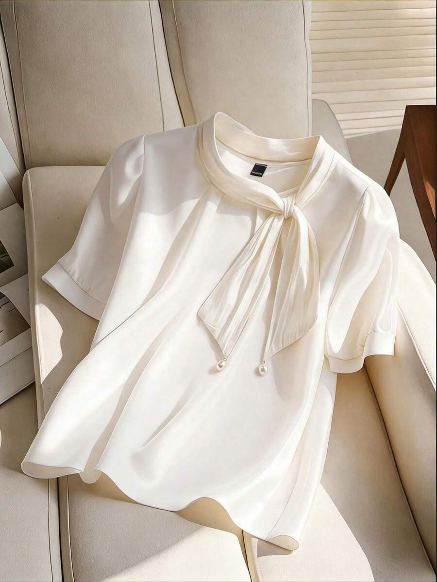 LocalGlowEve CURVE Plus Size Women's Bow Satin Shirt Women's Summer New Temperament Loose White P... | SHEIN
