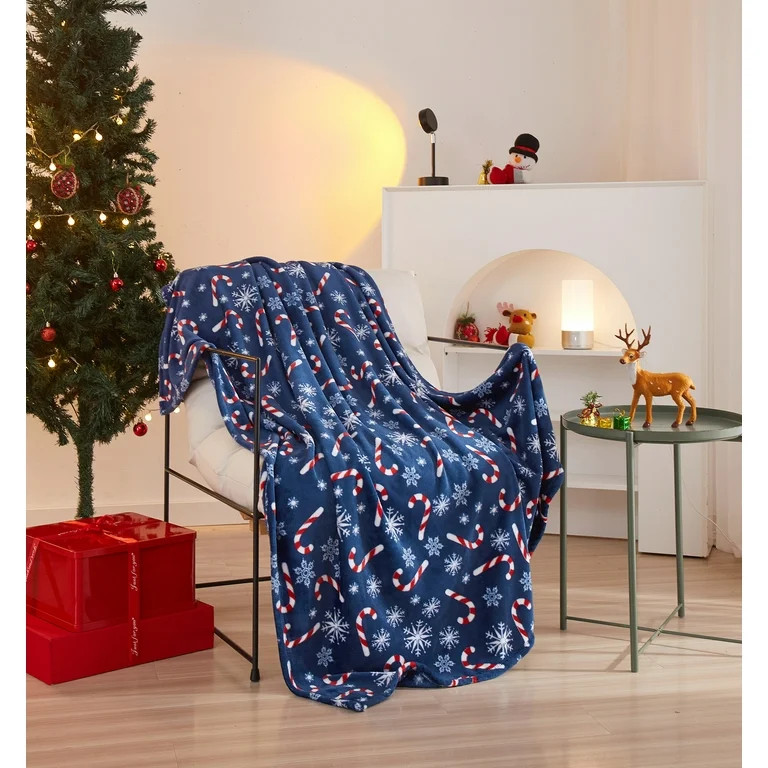 Holiday Time 50"x60" Blue Candy Cane Rolled Plush Throw | Walmart (US)