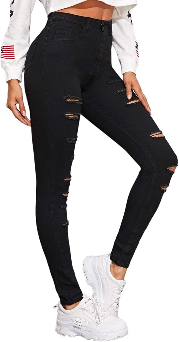 SweatyRocks Women's Hight Waisted Stretch Ripped Skinny Jeans Distressed Denim Pants | Amazon (US)