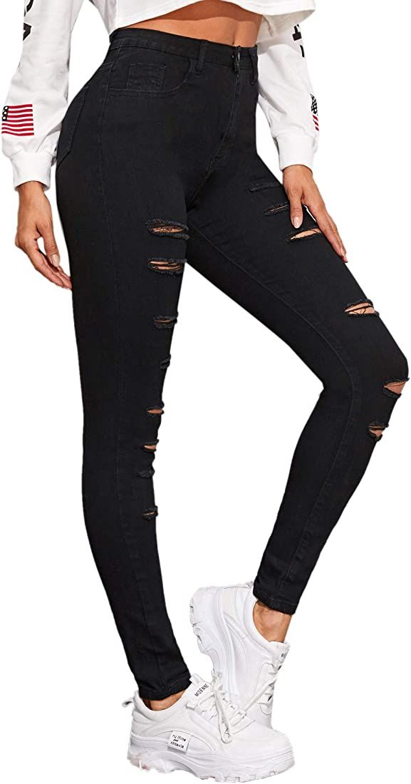 SweatyRocks Women's Hight Waisted Stretch Ripped Skinny Jeans Distressed Denim Pants | Amazon (US)