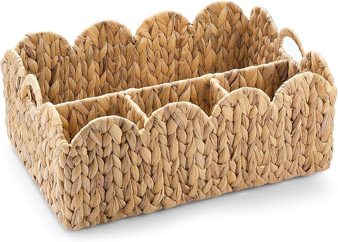 Scalloped Edge Wicker Basket Divided Storage Hand Woven Rattan Water Hyacinth Basket Tray for Bat... | Amazon (US)