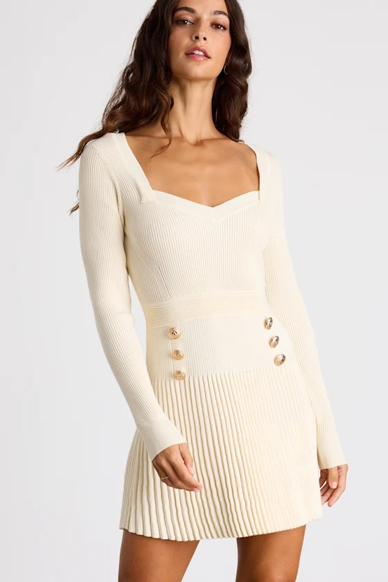 Chicest Crush Ivory Ribbed Long Sleeve Mini Sweater Dress | Lulus