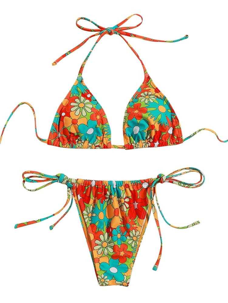 SOLY HUX Women's Floral Print 2 Piece Swimsuits Bikini Set Halter Triangle Swimwear Sexy Bathing ... | Amazon (US)
