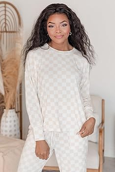 KevaMolly Womens Valentine's Day Pajama Sets Checkered Print Long Sleeve Lace-up Loose Fit Lounge... | Amazon (US)