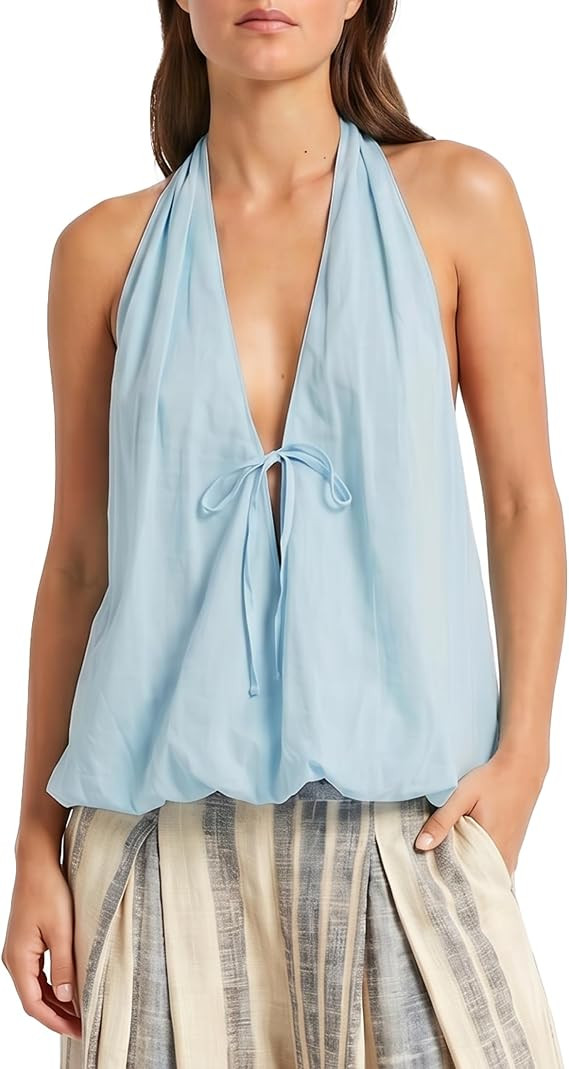 Womens Halter Tank Top Deep V Neck Open Back Sleeveless Cami Summer Beach Backless Going Out Tops | Amazon (US)