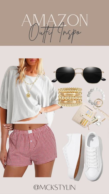 Love this boxer shorts trend! I think it’s the cutest casual summer outfit or summer vacation travel outfit 🚙 🏖️ ☀️ 
I size up in the shorts. I wear medium. This top is SO so good! Perfect oversized fit, while still flattering. TTS

The sneakers are my newest favorite casual cute and comfy shoes

Code: mckennasj saves $ on the sunglasses 🕶️ 

#LTKFindsUnder50 #LTKStyleTip #LTKSaleAlert