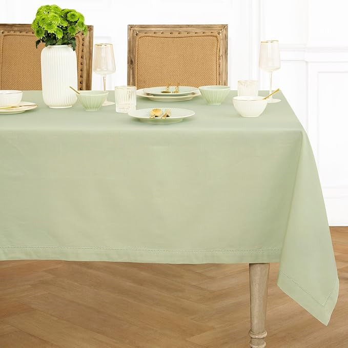 Solino Home Linen Sage Tablecloth 58 x 84 Inch - Cotton Linen Hemstitch Rectangular Tablecloth - ... | Amazon (US)
