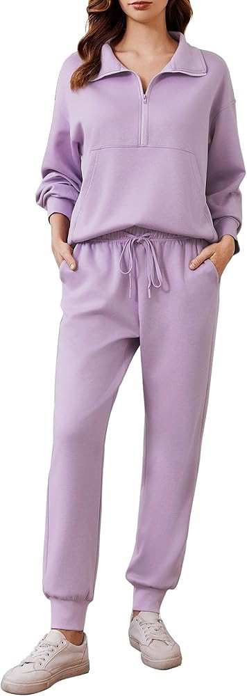 PINSPARK 2 Piece Sets for Women 2025 Fall Travel Outfits Long Sleeve Tracksuit Joggers Sets Half ... | Amazon (US)