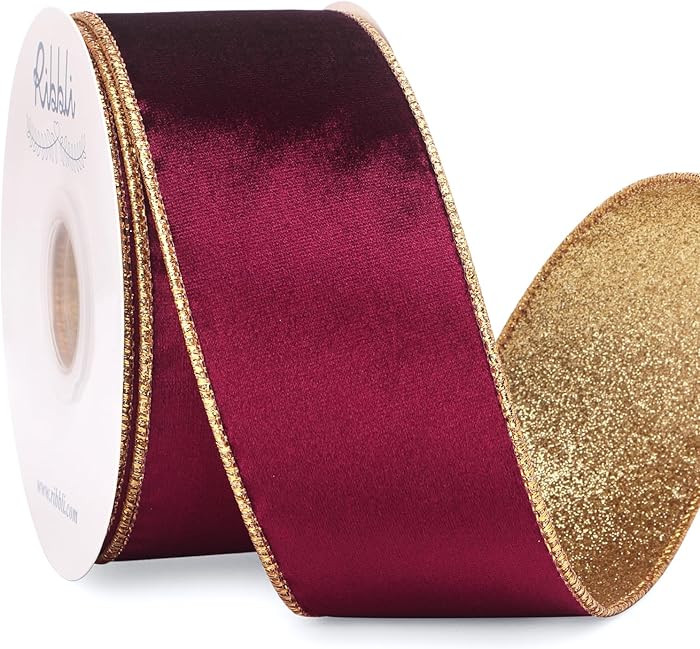 Ribbli Burgundy Velvet Ribbon Wired 2.5 Inch Glossy Velvet with Gold Glitter Christmas Ribbon for... | Amazon (US)