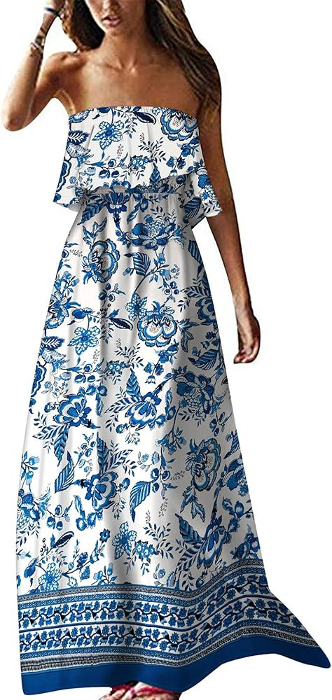 ZMPSIISA Women's Summer Off The Shoulder Maxi Dress Ruffle Strapless Blue White Porcelain Boho Ca... | Amazon (US)