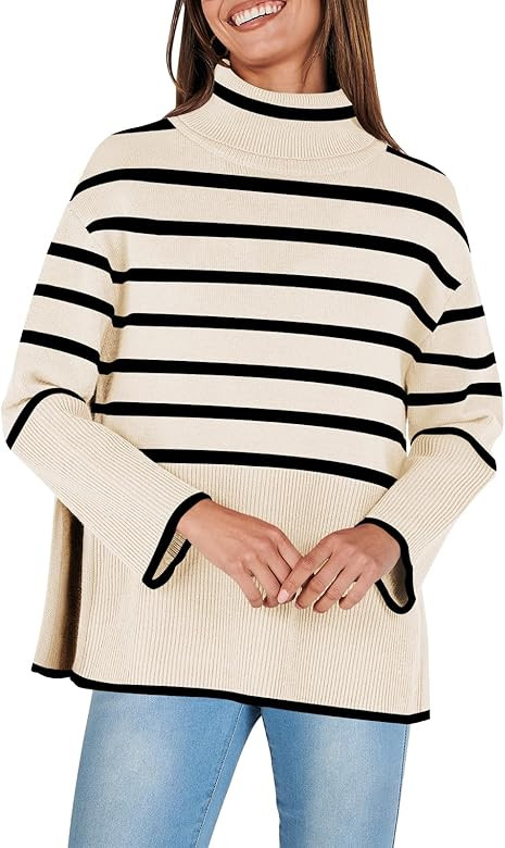 ANRABESS Women's Fashion 2023 Oversized Turtleneck Striped Trendy Sweaters Ribbed Knit Pullover Sweater Top | Amazon (US)
