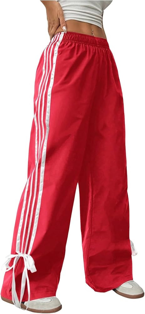 WDIRARA Women's Petite Side Striped Bowknot Track Pants Elastic Waist Wide Leg Baggy Sweatpants S... | Amazon (US)