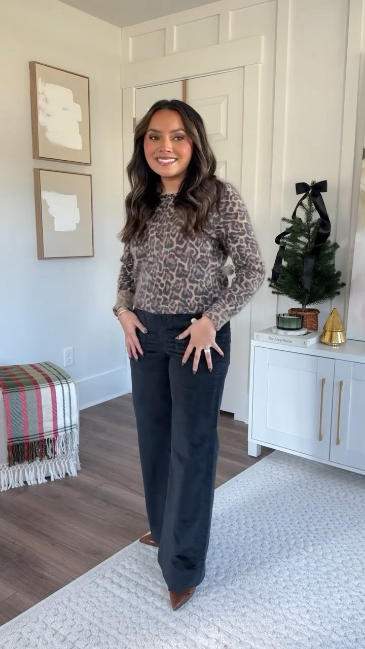 Leopard sweater size XS TTS Black velvet wide leg trousers size 26 petite TTS 
Brown heels size 5 TTS 

Fall outfits 
Fall Workwear
Winter Workwear 
Fall style 
Winter Fashion 
Holiday style 

Honey Sweet Petite 
Honeysweetpetite 

#LTKHoliday #LTKSeasonal #LTKStyleTip