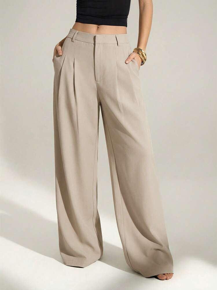SHEIN Tall Women's Khaki Summer Casual Office High Waist Pleated Wide Leg Pants,Old Money Busines... | SHEIN