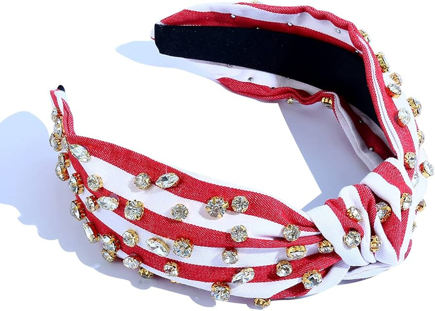 FEDANS Jeweled Headband for Women Top Knot Red White Stripe Headband Crystal Embellished Denim Ha... | Amazon (US)