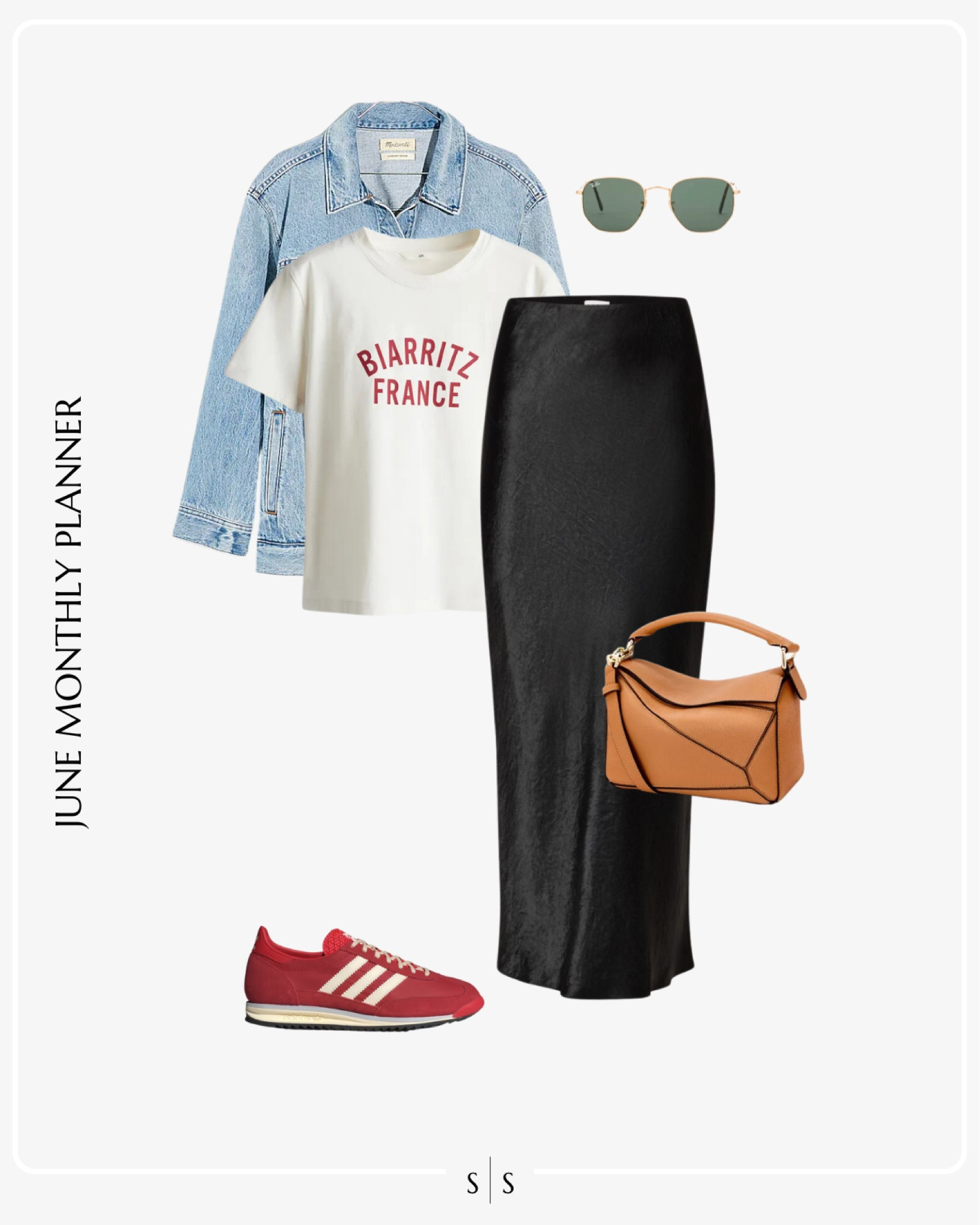 Monthly outfit planner JUNE: Spring & Summer looks | black slip skirt, graphic tee, red sneakers, denim jacket, aviator sunglasses, brown tote bag 

See the entire calendar on thesarahstories.com ✨ 


#LTKStyleTip