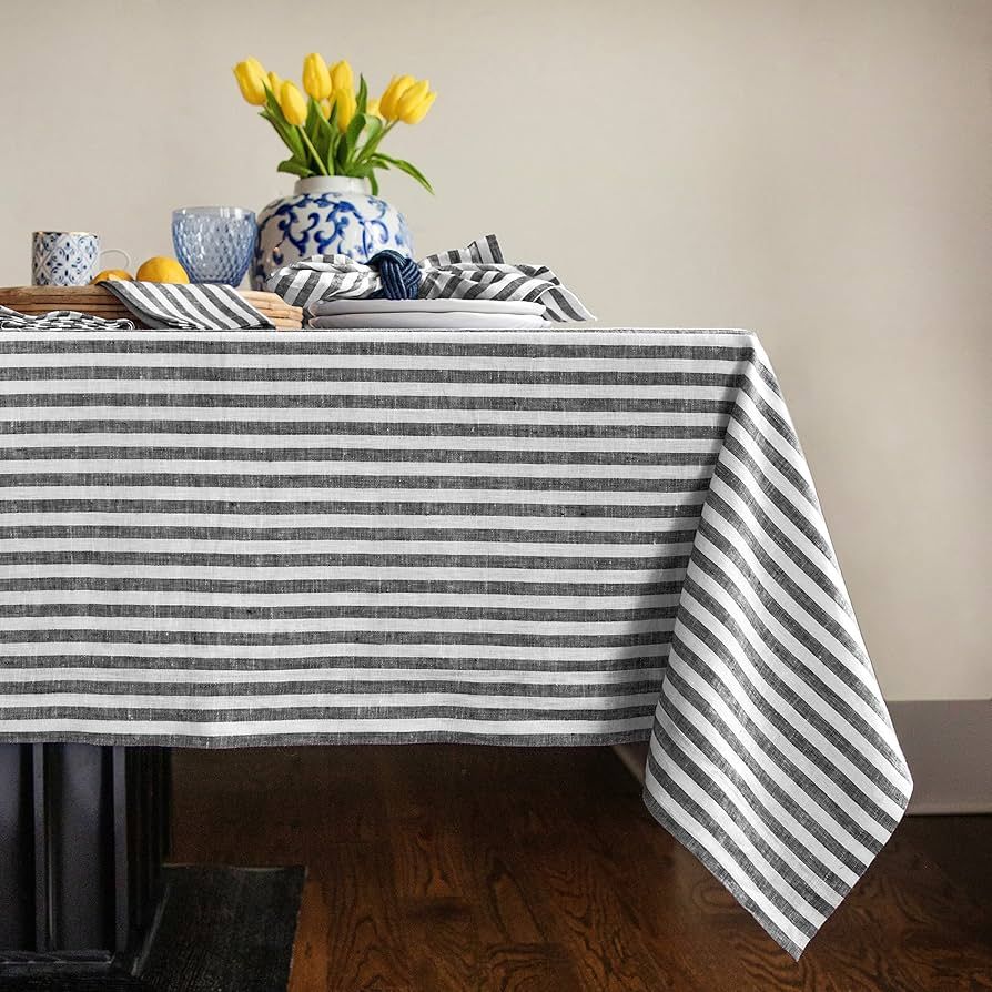Solino Home Linen Tablecloth 60 x 90 Inch – 100% Linen Amalfi Stripe Table Cover Black and Whit... | Amazon (US)