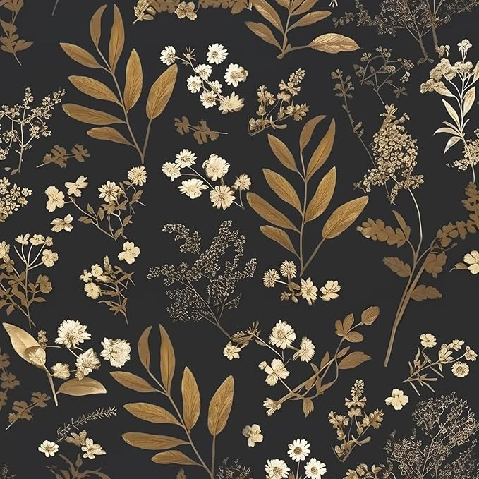 Vintage Wallpaper Peel and Stick Black Floral Wallpaper 17.5'' x 393'' Gold Leaf Contact Paper Vi... | Amazon (US)