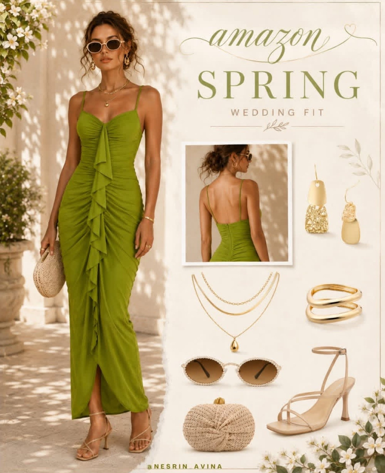 Green dress. Sunglasses. Wedding guest dress. Resort wea.  Summer dress beach dress sunglasses.  Heels. Amazon fashion