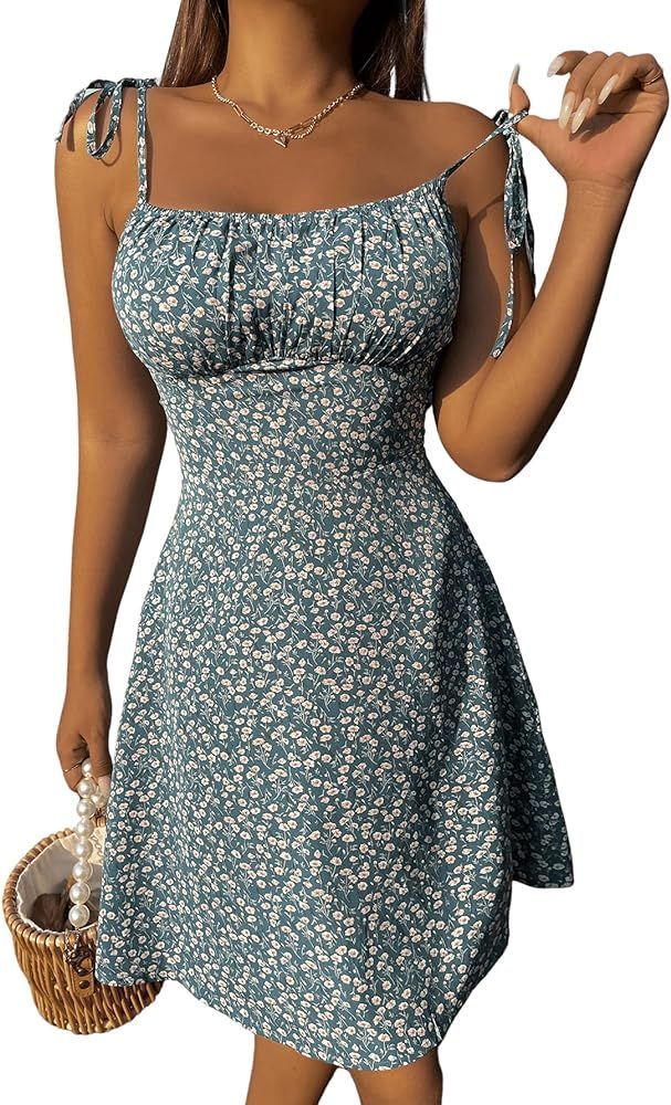 SweatyRocks Women's Ditsy Floral Tie Spaghetti Strap Mini Cami Dress Ruched Bust A Line Summer Short | Amazon (US)
