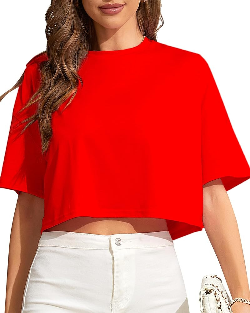 Womens Half Sleeve Drop Shoulder Round Neck Loose Fit Solid Color Crop Tops | Amazon (US)