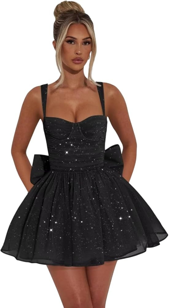 A Line Sparkly Homecoming Dresses for Teens Short Tulle Graduation Party Gowns with Bow Cocktail ... | Amazon (US)