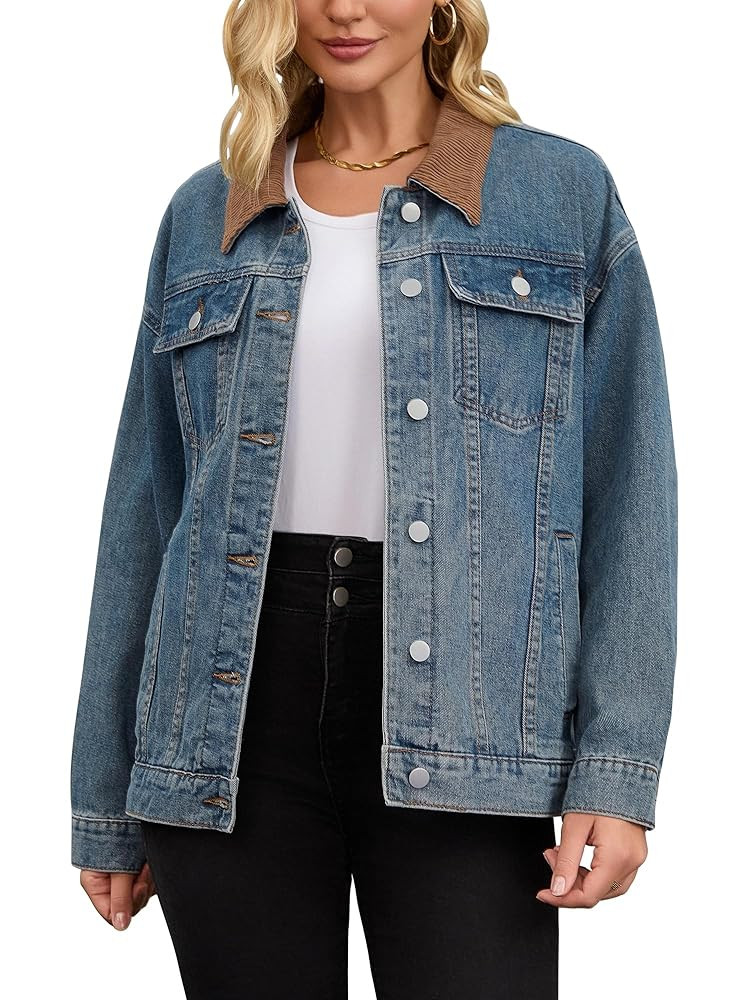 Women's Jean Jacket Button Down Corduroy Collar Long Sleeve Western Shacket Denim Jackets | Amazon (US)