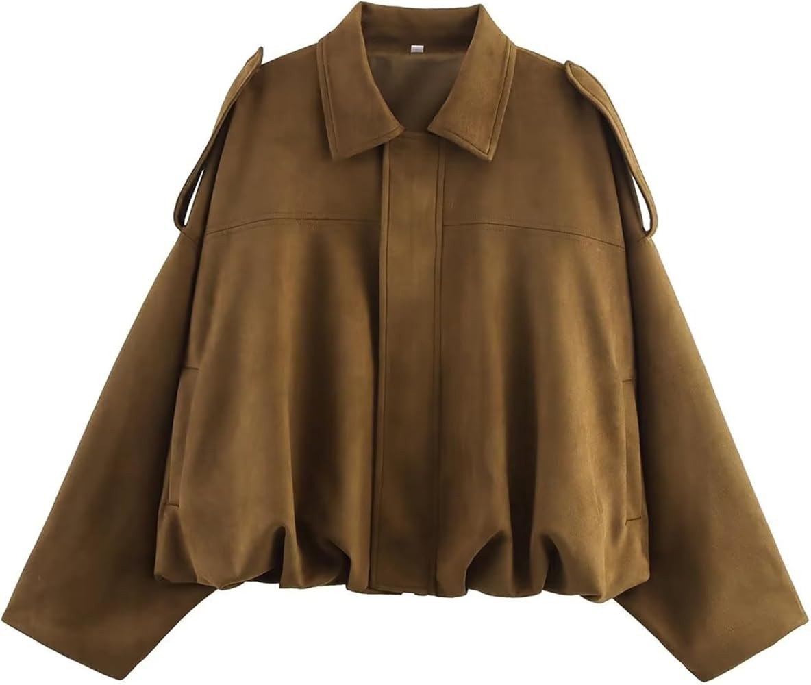 Womens Faux Suede Bomber Jacket Cropped Zip Up Batwing Long Sleeves Jackets Oversized Streetwear ... | Amazon (US)