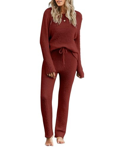 luvamia Lounge Sets For Women Fuzzy Two Piece Pants Set For Women 2 Piece Sets For Women Sleep Wear Set For Women Loungewear For Women Rust Size Large Fits Size 12 Size 14 | Amazon (US)