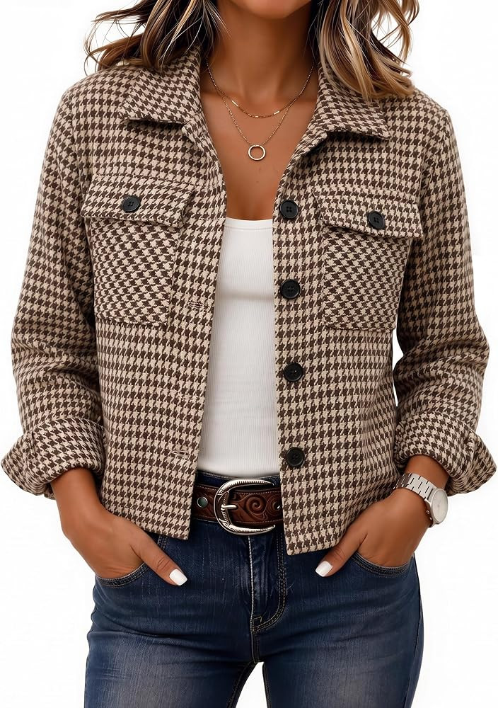 Zeagoo Flannels for Women Cropped Shacket Jacket Fashion Plaid Fall Coat | Amazon (US)