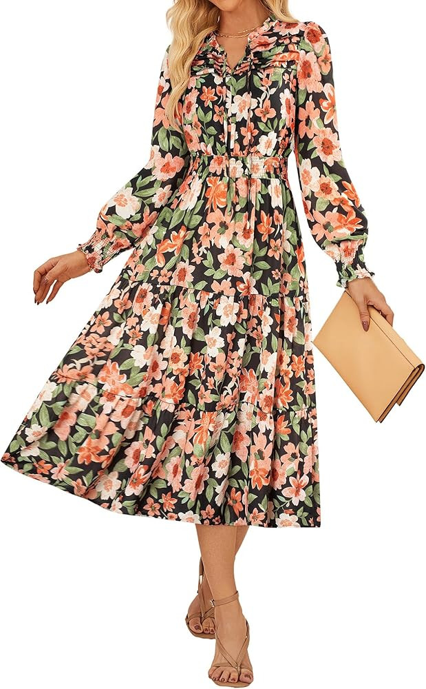 GRACE KARIN 2025 Women's Floral Long Sleeve Midi Dress, Fall Boho Flowy A Line Dresses, Elegant C... | Amazon (US)