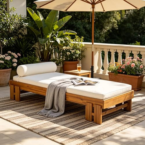 Christopher Knight Home Myan Acacia Wood Outdoor Daybed with Cushion & Pillow, Patio Sofa Couch For Poolside Backyard, Patio Garden Lounge Sofa with Low-Profile Design, Modern Pool Lounger, Cream+Teak | Amazon (US)