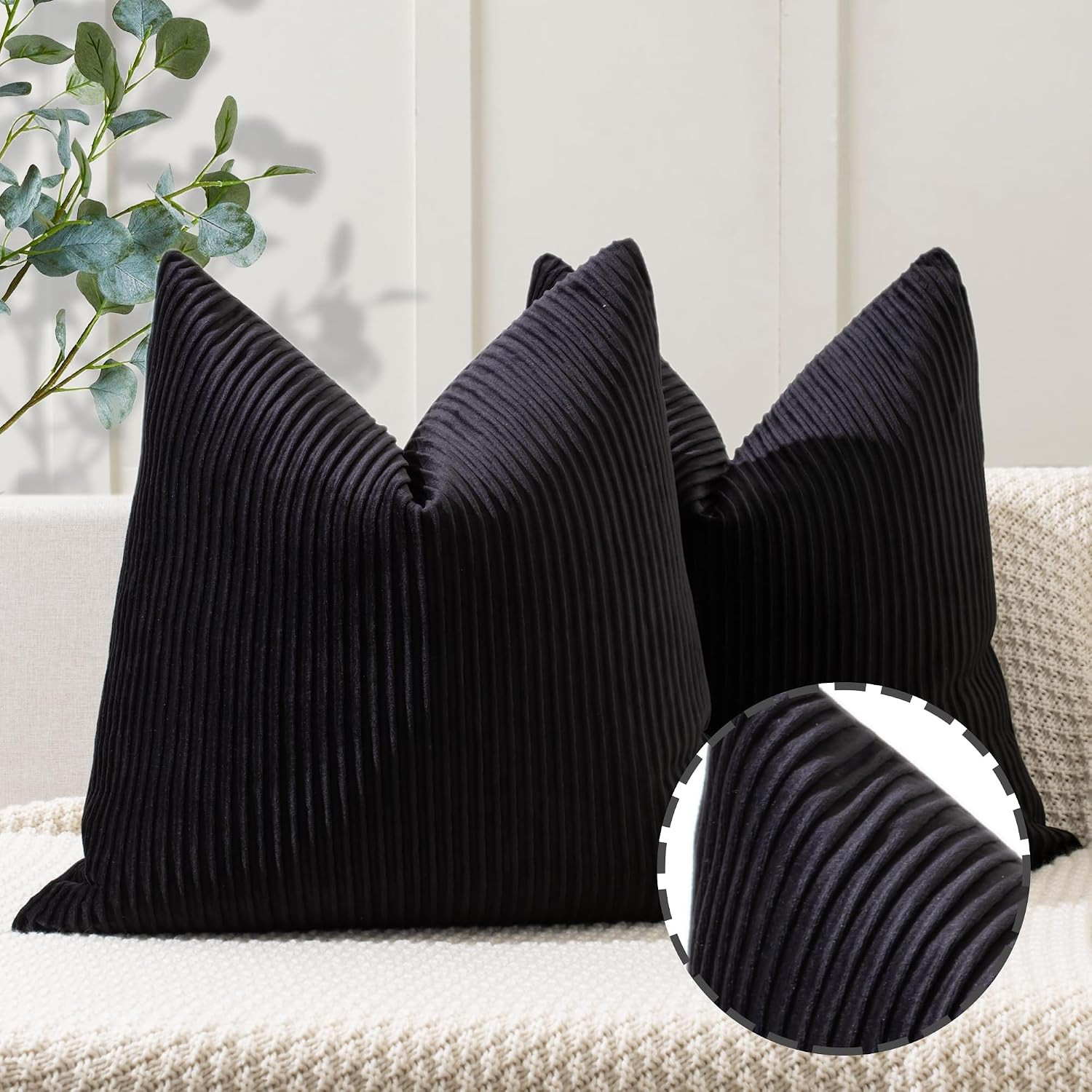 YCOLL Black Pillow Covers 22x22 Set of 2 Velvet Striped Pattern - Soft Throw Pillows for Home Decor, Luxury Decorative Pillow Covers for Couch, Bed,Living Room | Amazon (US)