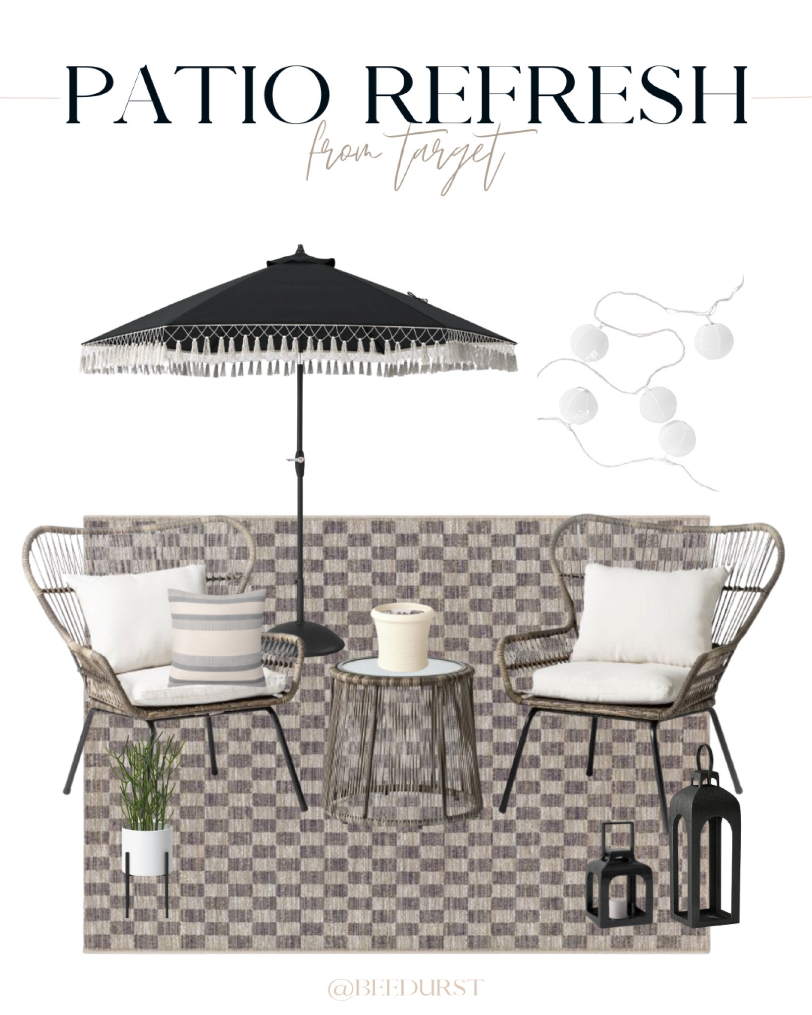 Patio refresh idea from Target! Neutral patio decor, Target patio decor, Target patio set, Target patio furniture, outdoor rug, tassel umbrella, patio umbrella, outdoor lanterns, citronella candle 

#LTKhome #LTKstyletip #LTKSeasonal