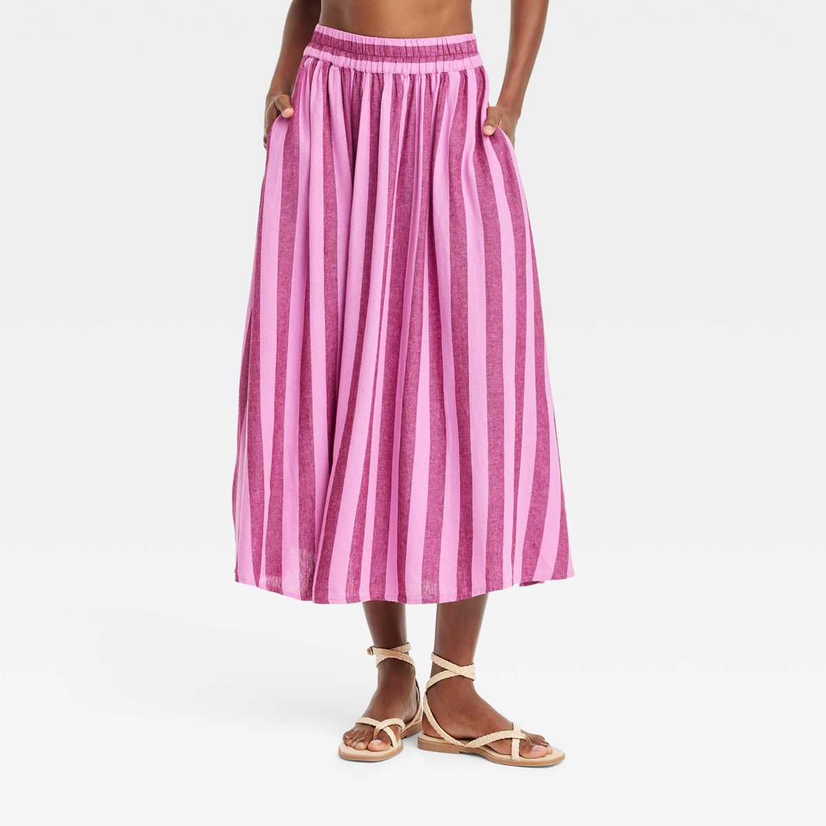 Women's Beach Bungalow Linen Midi Picnic Skirt - A New Day™ Pink/Purple Striped XS | Target