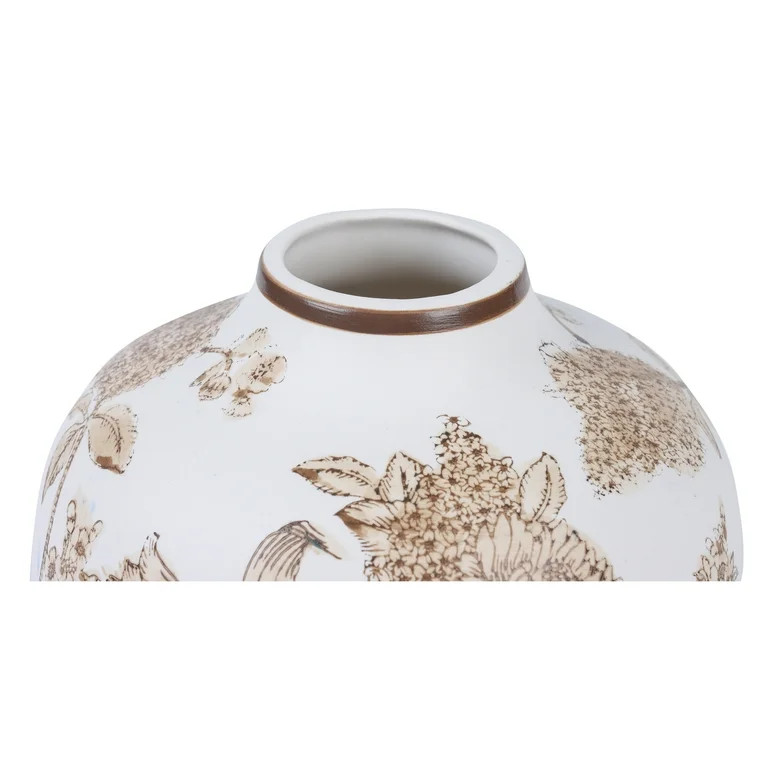 Home Decor Collection White Ceramic Brown Floral Painted Tabletop Vase | Walmart (US)