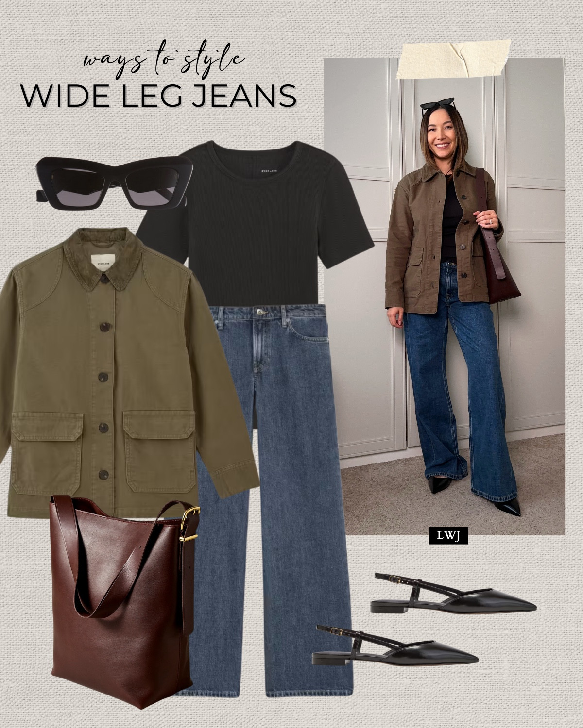 Styling wide leg jeans for spring 

Barn jacket 
Ribbed top 
Low rise jeans 
Slingbacks 
Sunglasses 
Tote 

#LTKSeasonal #LTKStyleTip