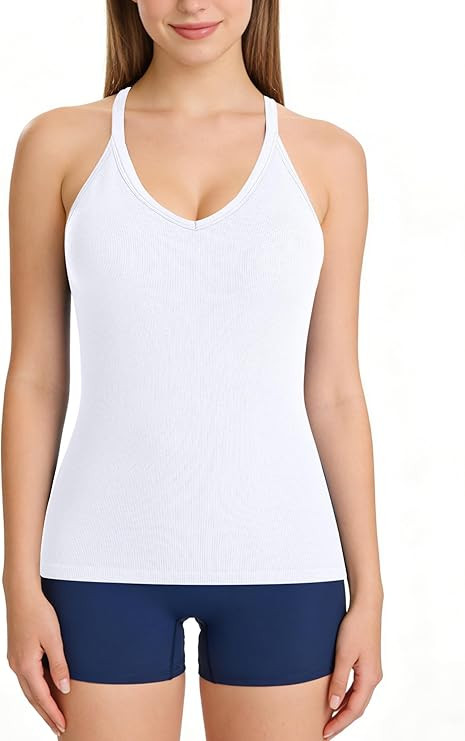 ATTRACO Ribbed Workout Tank Tops for Women with Built-in Bra V Neck Rackback Going Out Camisole | Amazon (US)
